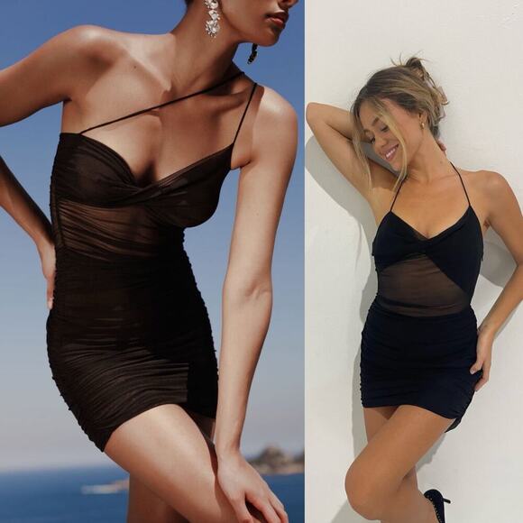 The Sei NWT Diaphanous Ruched Sheer Silk Mini Dress Black Size 0 - Picture 1 of 7